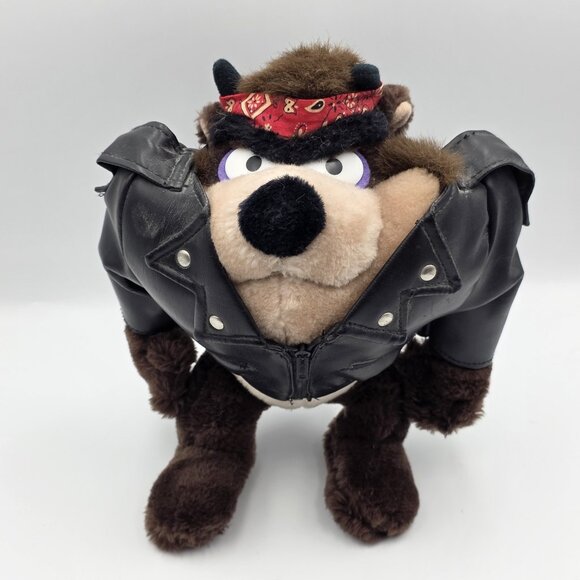 Vintage Warner Bros Tasmanian Devil Plush Biker Jacket Bandana 1980s Mighty Star - Picture 1 of 7